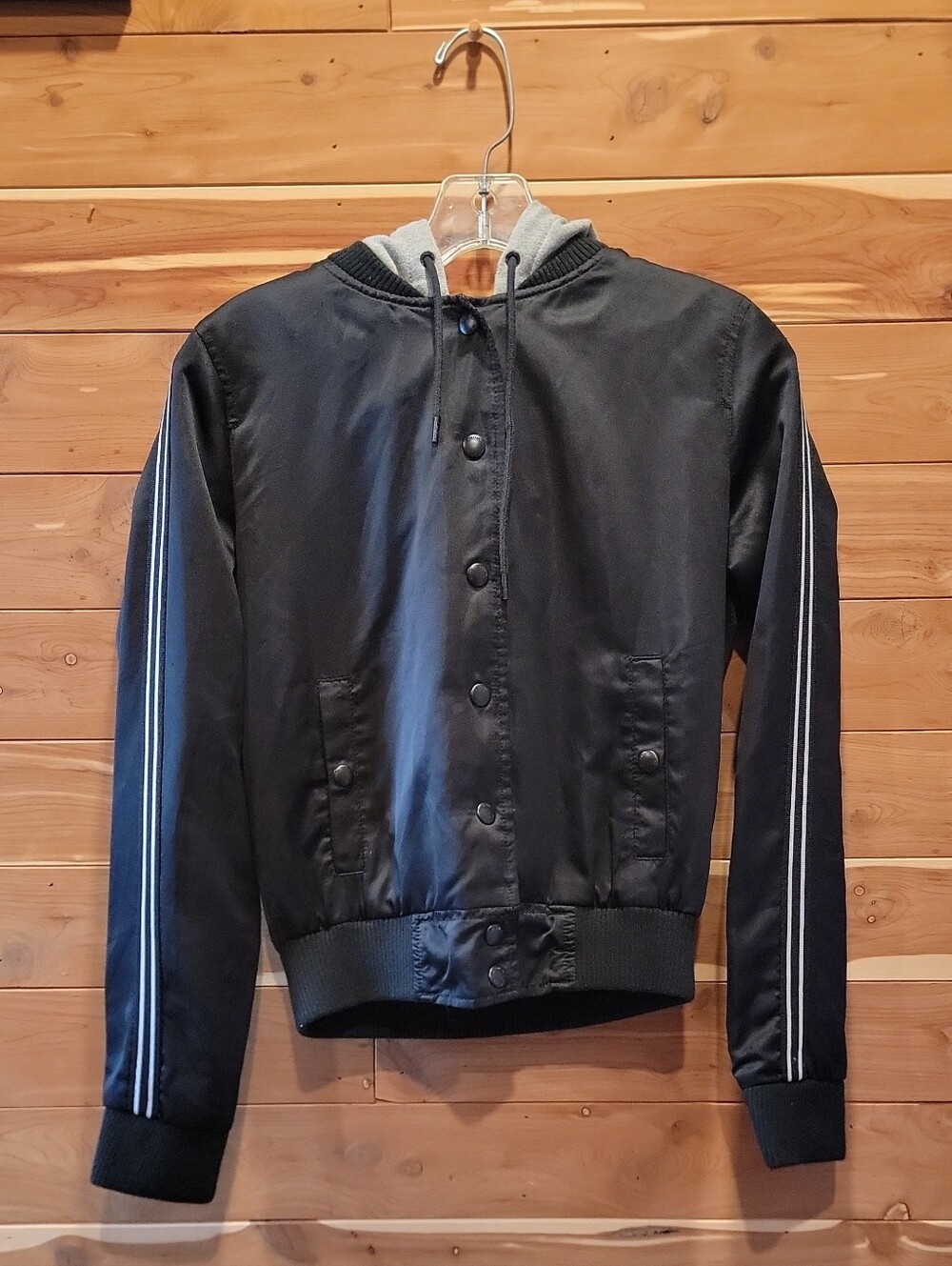 American Eagle Outfitters Black Bomber Jacket with Gray Hood and Sleeve Stripes
